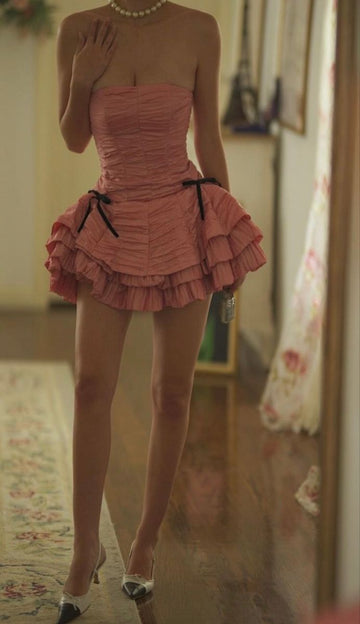 Niulatu Pink Strapless A-Line Layered Short Prom Dresses Sweet 16 Dress HZ1031